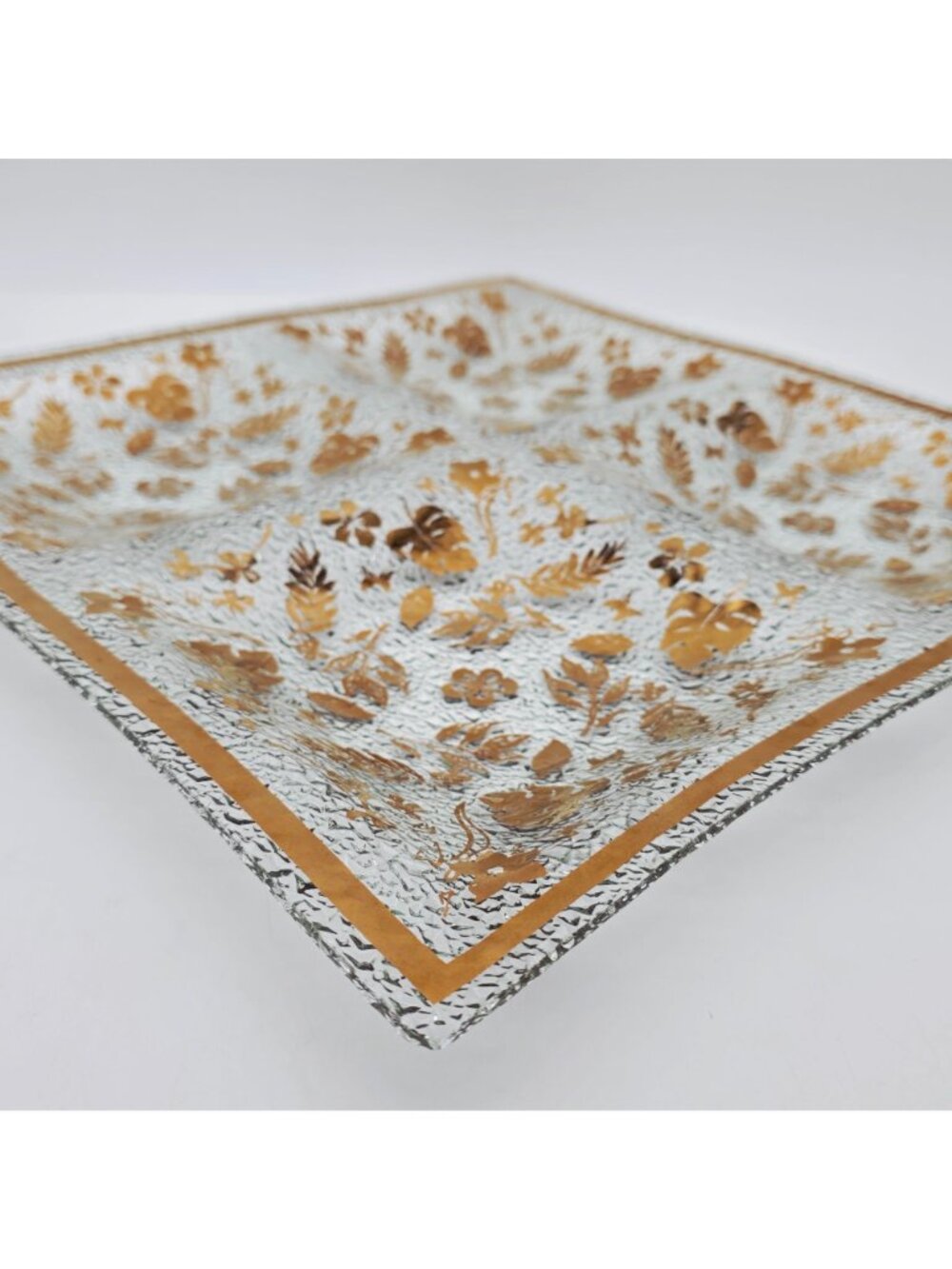 MCM Golden Foliage Divided Textured Glass Tray 4 Sections Large 16" x 16" - Picture 6 of 11
